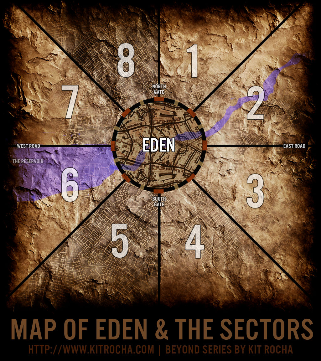 A map showing Eden (a circular city in the center) surrounded by eight sectors. (The sectors are divided by roads leading out of the 8 gates of the city's walls at equal distances.)