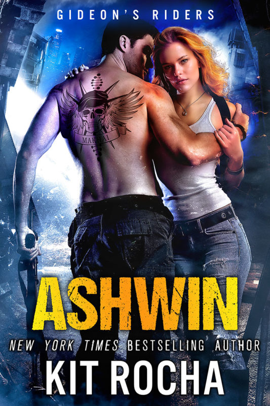 Ashwin's Cover: A man and a woman embracing in front of a ruined dystopian city.